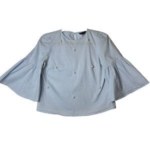 2/$30 Zara Chambray Oversized Top XS Bell Sleeve Pearls Quiet Luxury Clean Girl